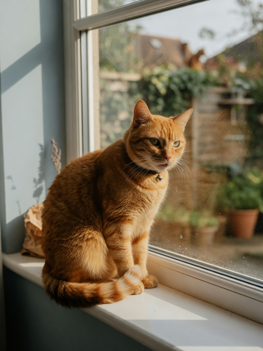 Gatto rosso tabby seduto su un davanzale che guarda verso l'esterno, dimostrando il comportamento di monitoraggio territoriale come parte dell'istinto felino di sorvegliare i confini del territorio