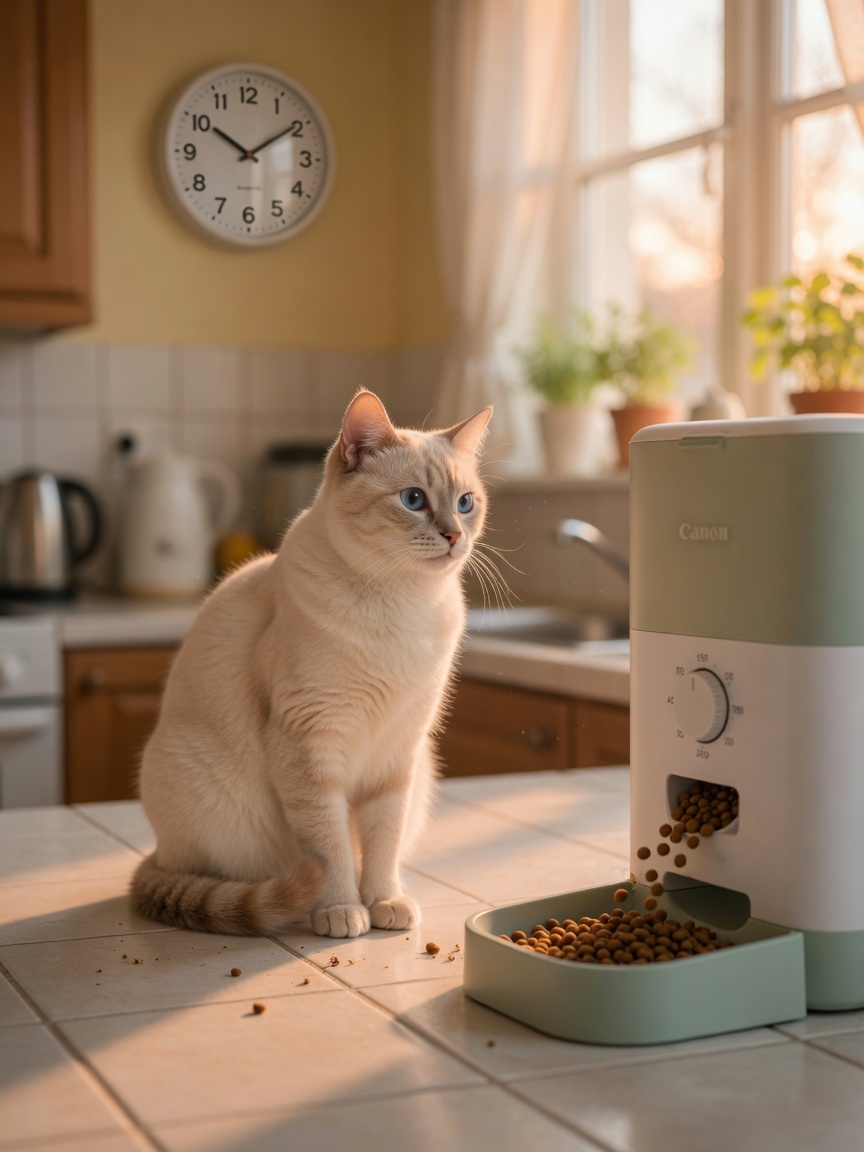 A cream-colored cat watching an automatic feeder dispense food at dawn