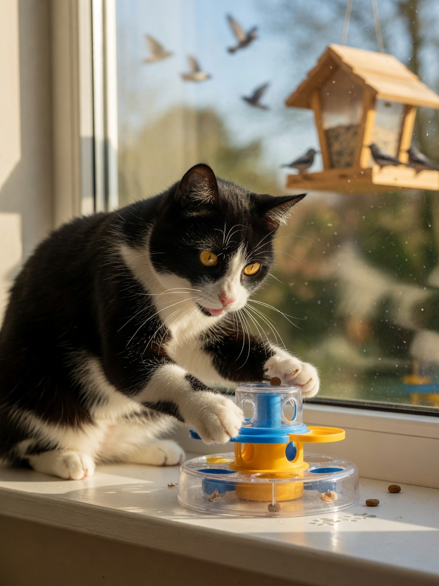 A black and white cat engaged with a puzzle feeder toy on a sunlit windowsill