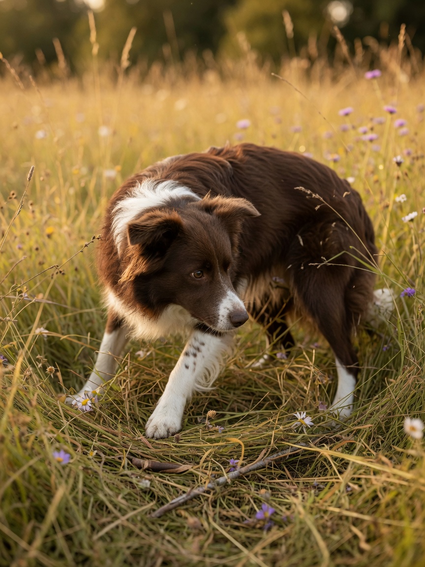 Border collie circling and flattening grass to create a nesting area in a wild meadow