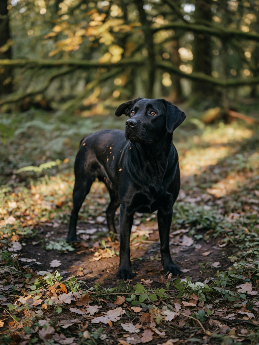 Black Labrador surveying its surroundings from a circular resting position in forest habitat