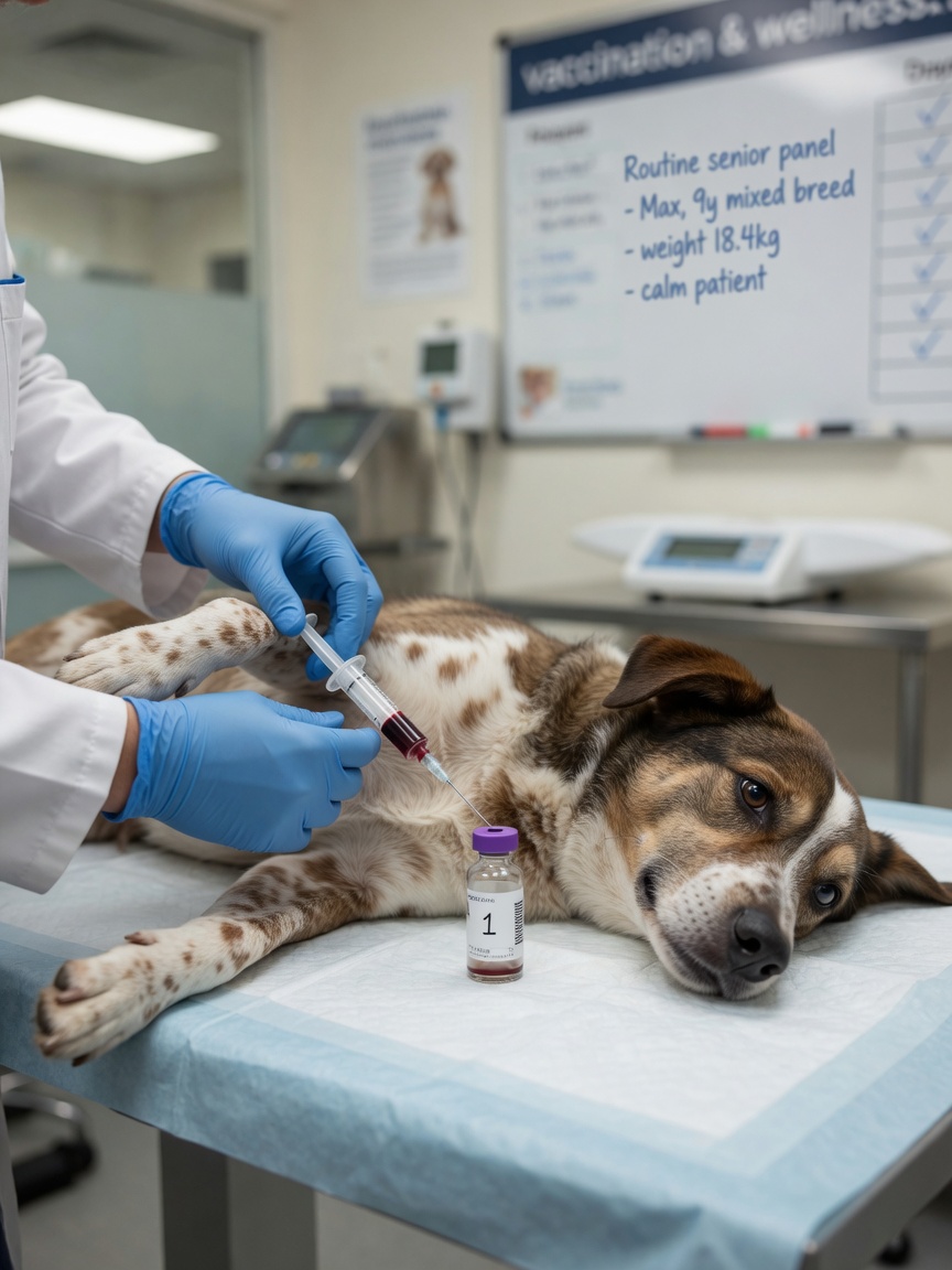 Veterinarian drawing blood sample from a calm dog during medical examination to diagnose polydipsia causes