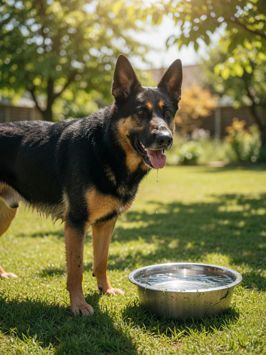 Black and tan dog panting after outdoor exercise on a sunny day, drinking from a water bowl in the garden