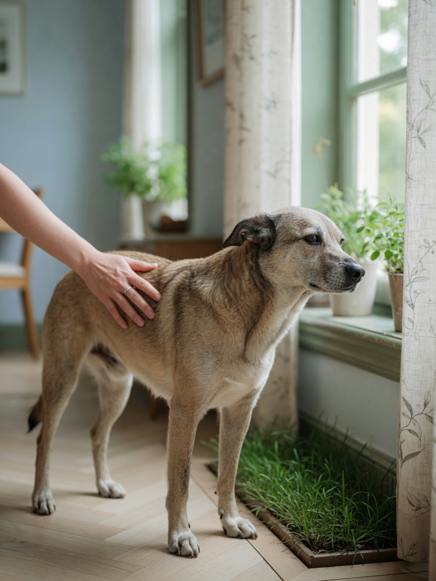 An owner's hand gently placed on a dog's back while observing subtle signs of gastrointestinal discomfort indoors