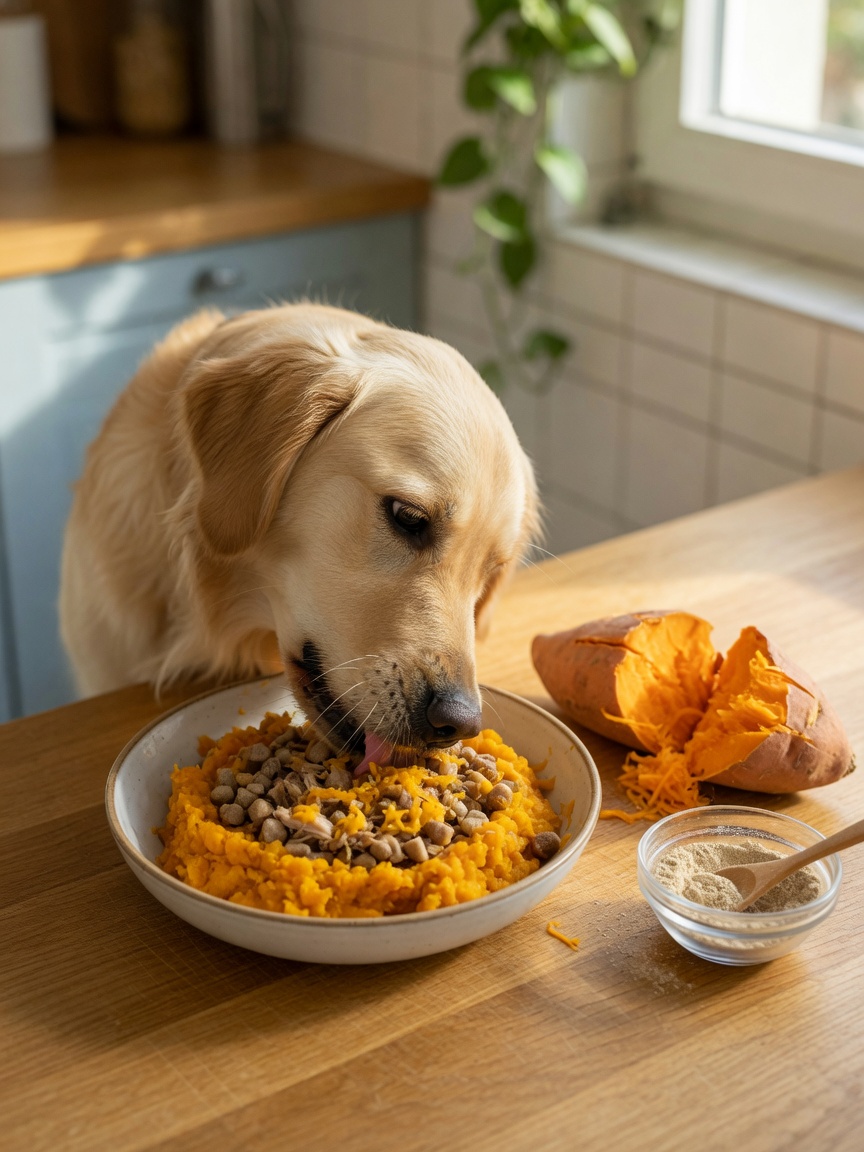 A dog eating a nutritious meal with cooked pumpkin and sweet potato to support digestive health