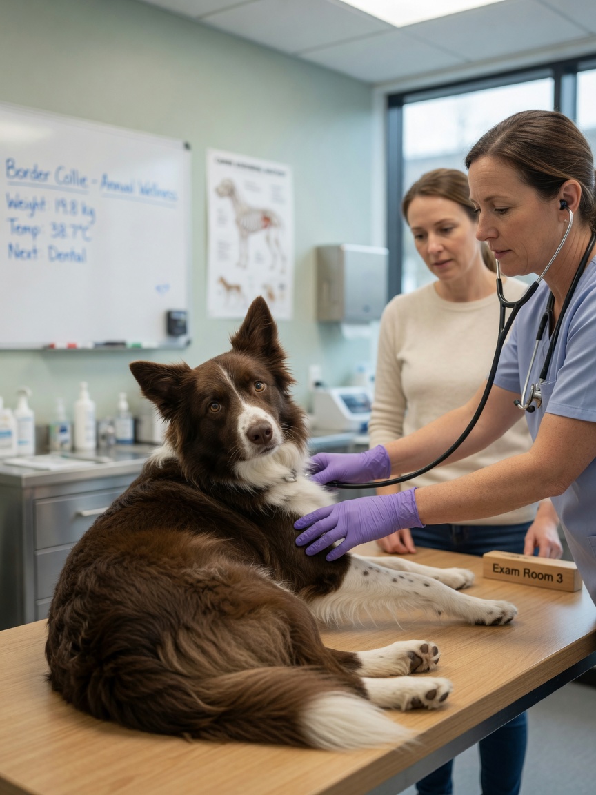 Border collie undergoing veterinary examination with stethoscope in a bright clinic room