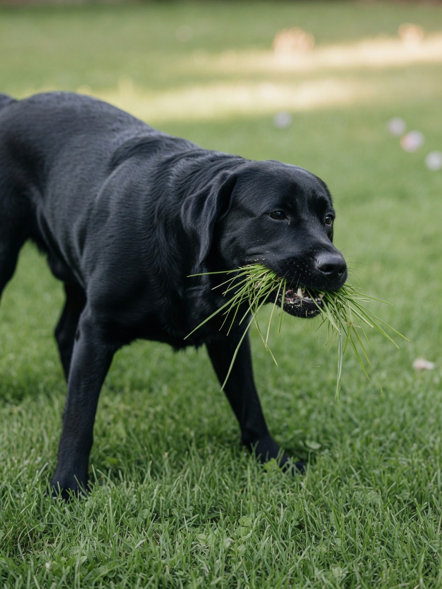 Black Labrador urgently eating grass with a tense posture suggesting gastrointestinal upset