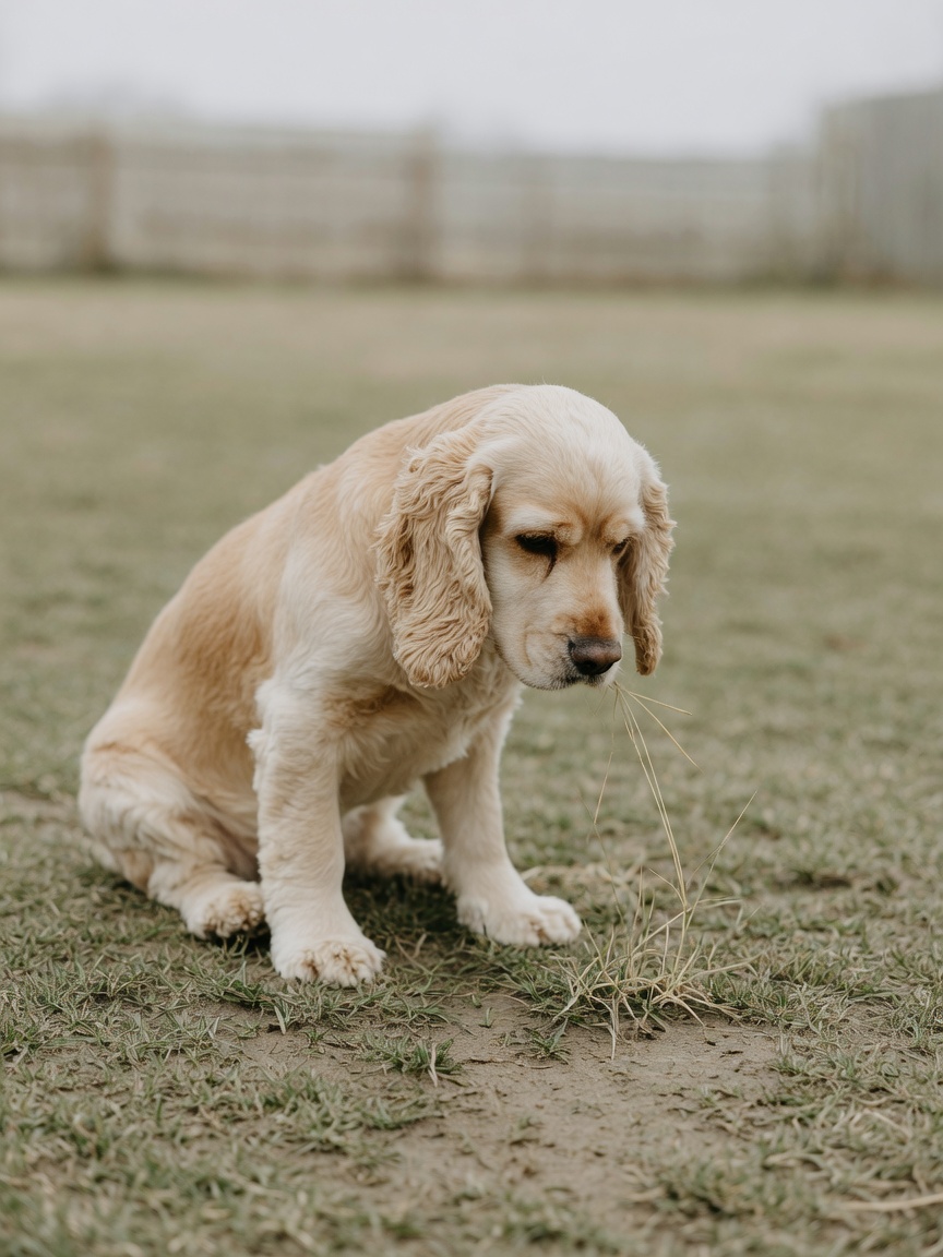 Bored Cocker Spaniel sitting alone in an empty, unstimulating backyard with sparse grass