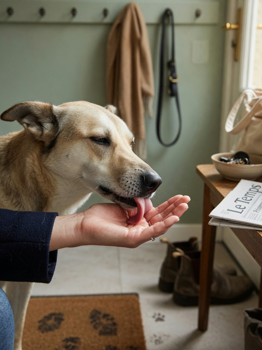 A dog investigating and licking its owner's hand, demonstrating sensory exploration through taste and smell