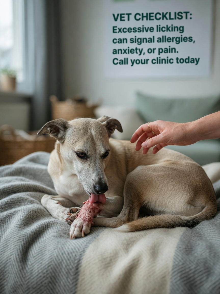 An anxious dog engaged in compulsive self-licking of its paw, illustrating how excessive licking can signal underlying anxiety or stress