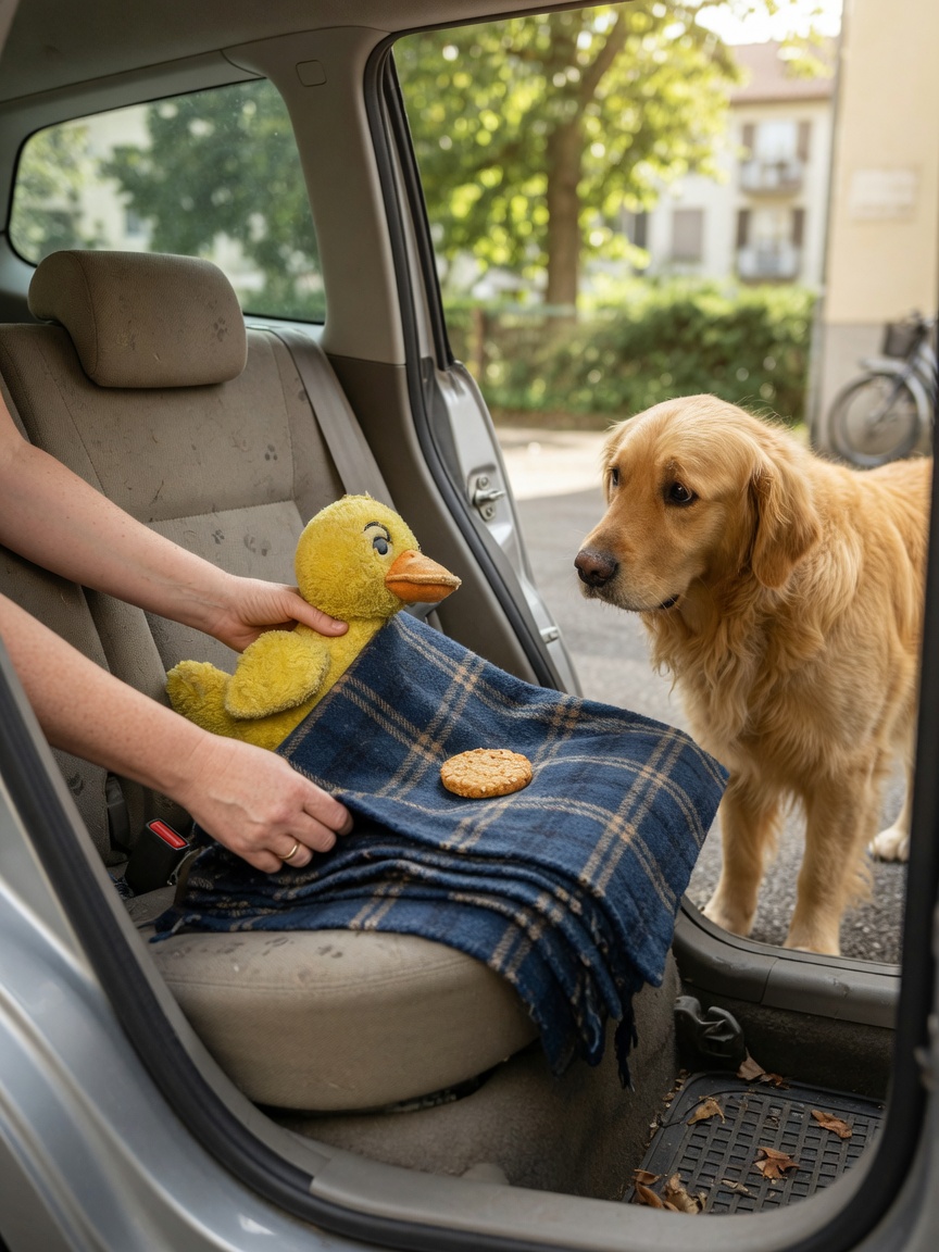 Owner introducing comfort items to dog during car desensitization training