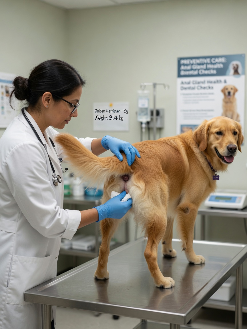 Veterinarian examining a golden retriever on an exam table during a medical check