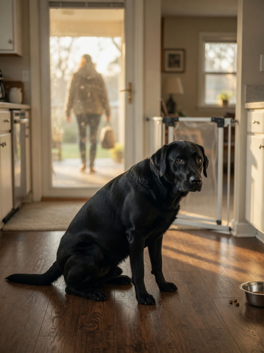 Anxious black Labrador alone indoors showing signs of separation anxiety with owner leaving