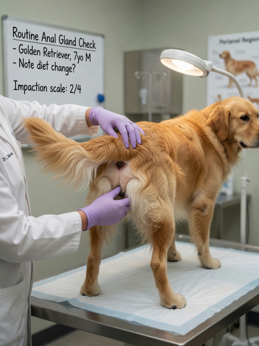 Veterinarian performing anal gland examination on Golden Retriever during clinical assessment