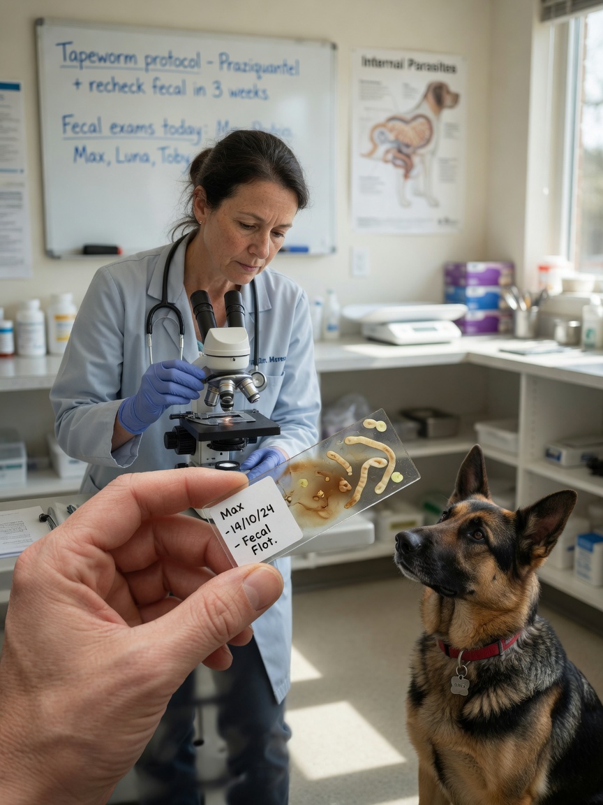 Veterinarian examining fecal sample under microscope with German Shepherd waiting in clinic