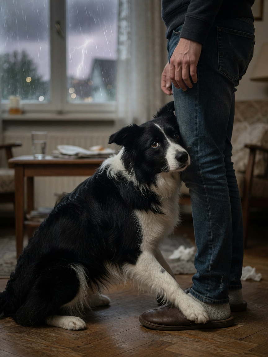 Border Collie seeking comfort by sitting on owner's feet during anxiety or thunderstorm