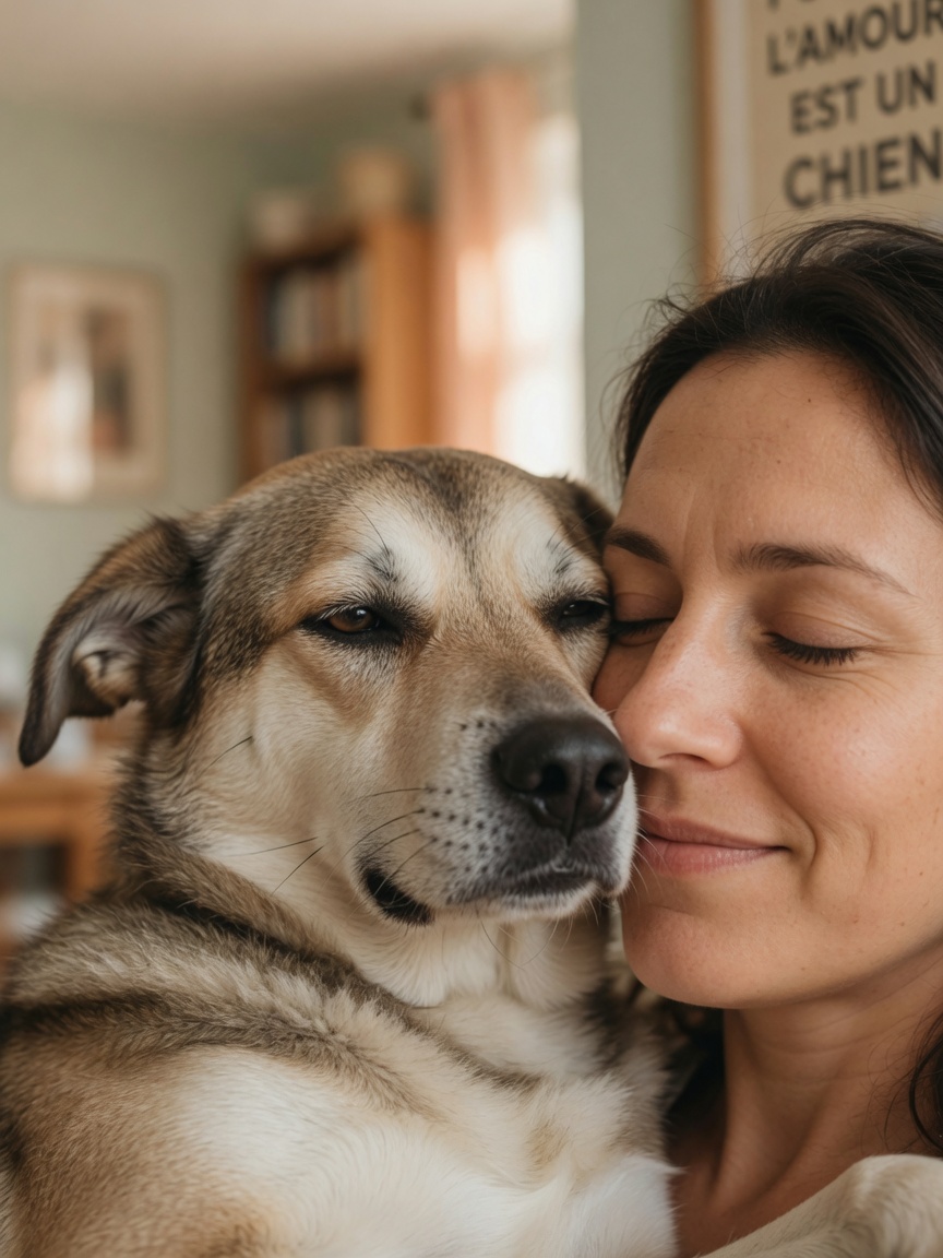 Dog and owner gazing at each other in intimate bonding moment