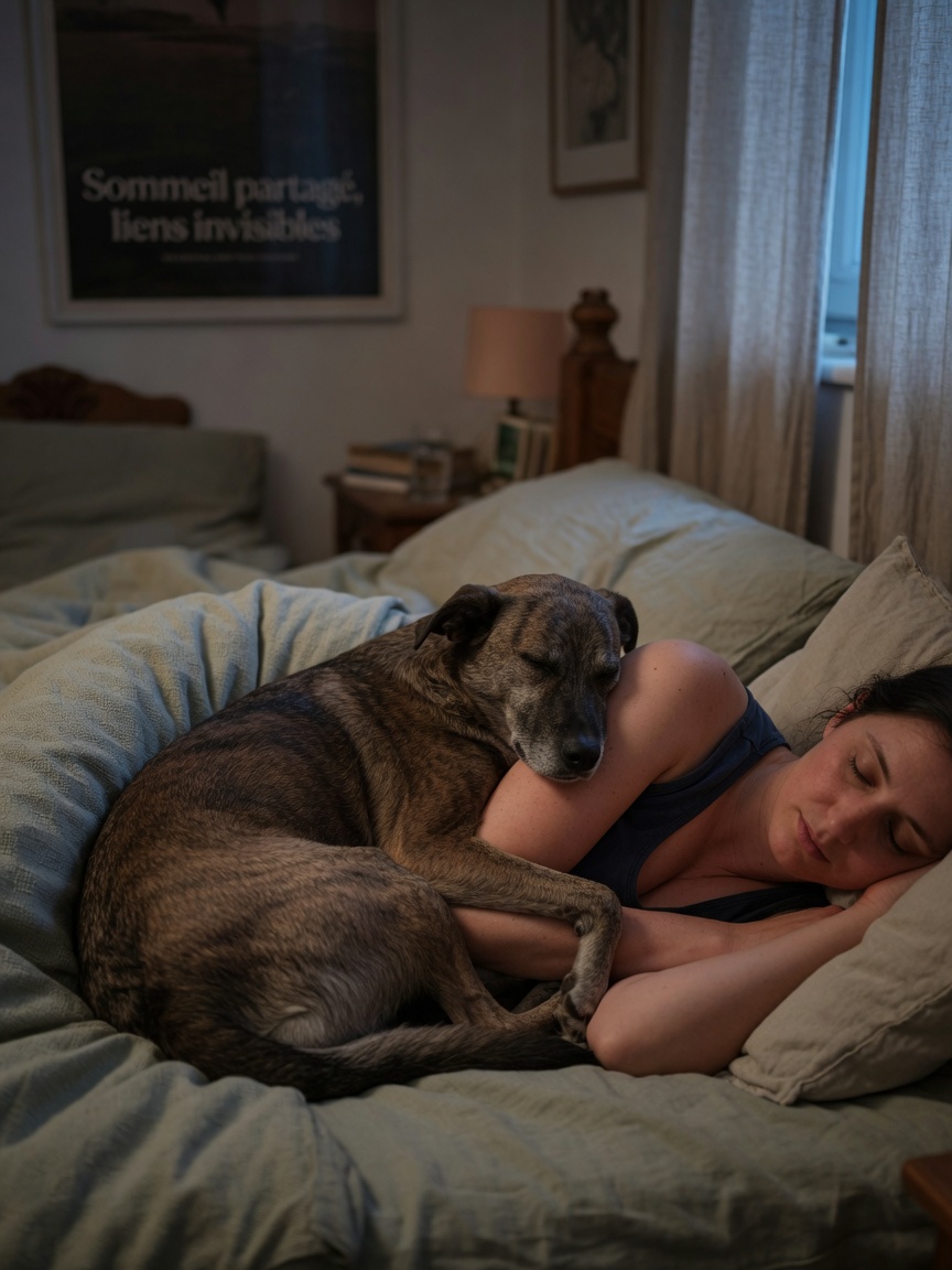 Dog curled protectively against owner's side while sleeping together in bed