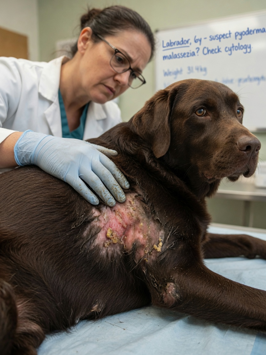Dierenarts onderzoekt ontstoken, rode huidplekken van een hond tijdens klinisch onderzoek