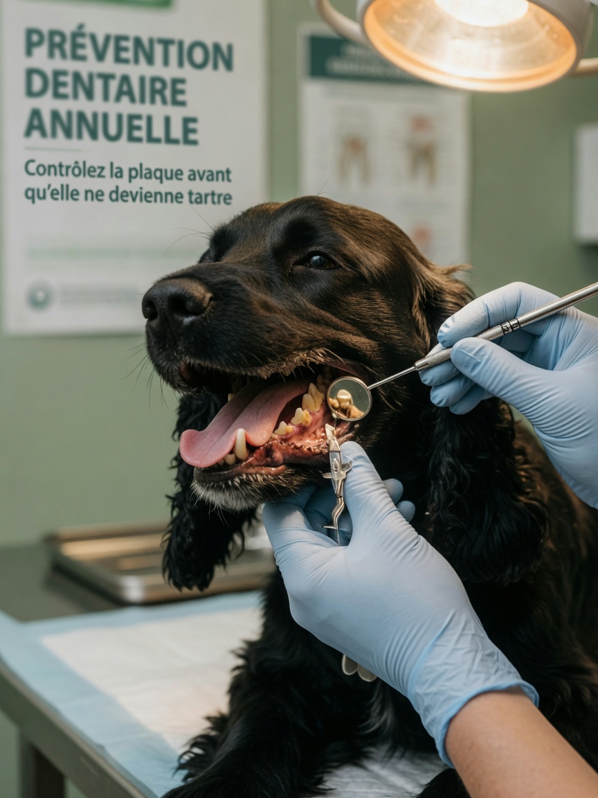 Dierenarts voert tandonderzoek uit bij een zwarte Cocker Spaniel, inspectie tanden op tandsteenafzetting