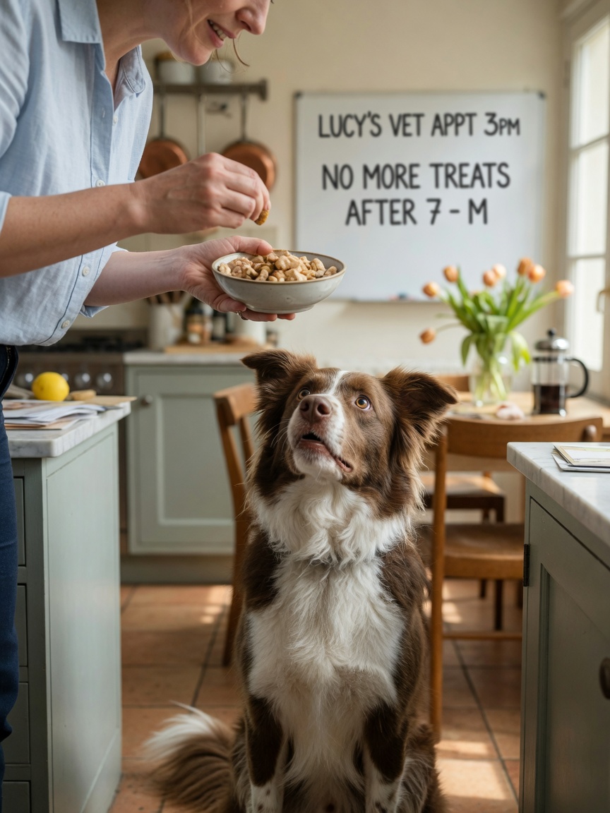 A dog staring at their owner with keen anticipation while the owner holds a treat or food bowl
