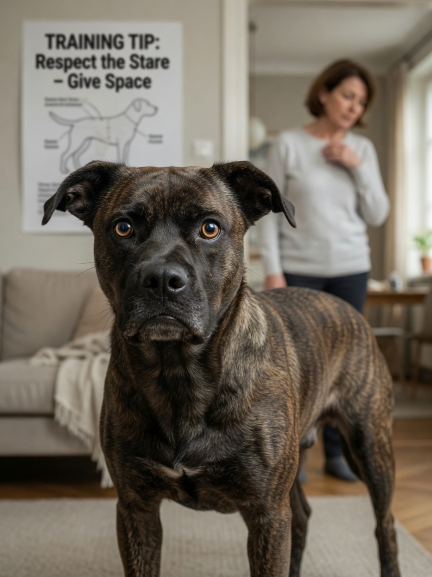 Hund mit hartem Warnblick, erweiterten Pupillen, angespanntem Körper und starrer Körperhaltung, die Unbehagen oder potenzielle Aggression anzeigt