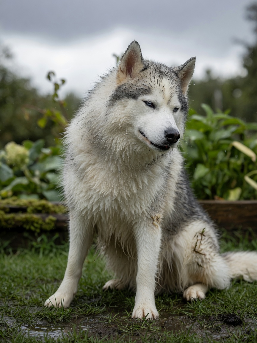 Husky com pelagem molhada sentado em ambiente externo úmido e damp mostrando umidade presa na pelagem