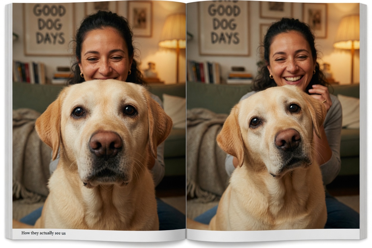 Labrador Retriever demonstrating how head tilt improves facial visibility by moving long muzzle out of view