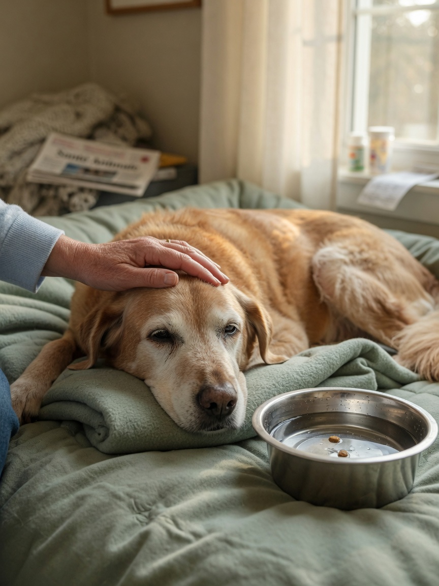 Chien âgé se reposant paisiblement près d'une fenêtre avec la main douce du propriétaire à proximité et un bol d'eau visible