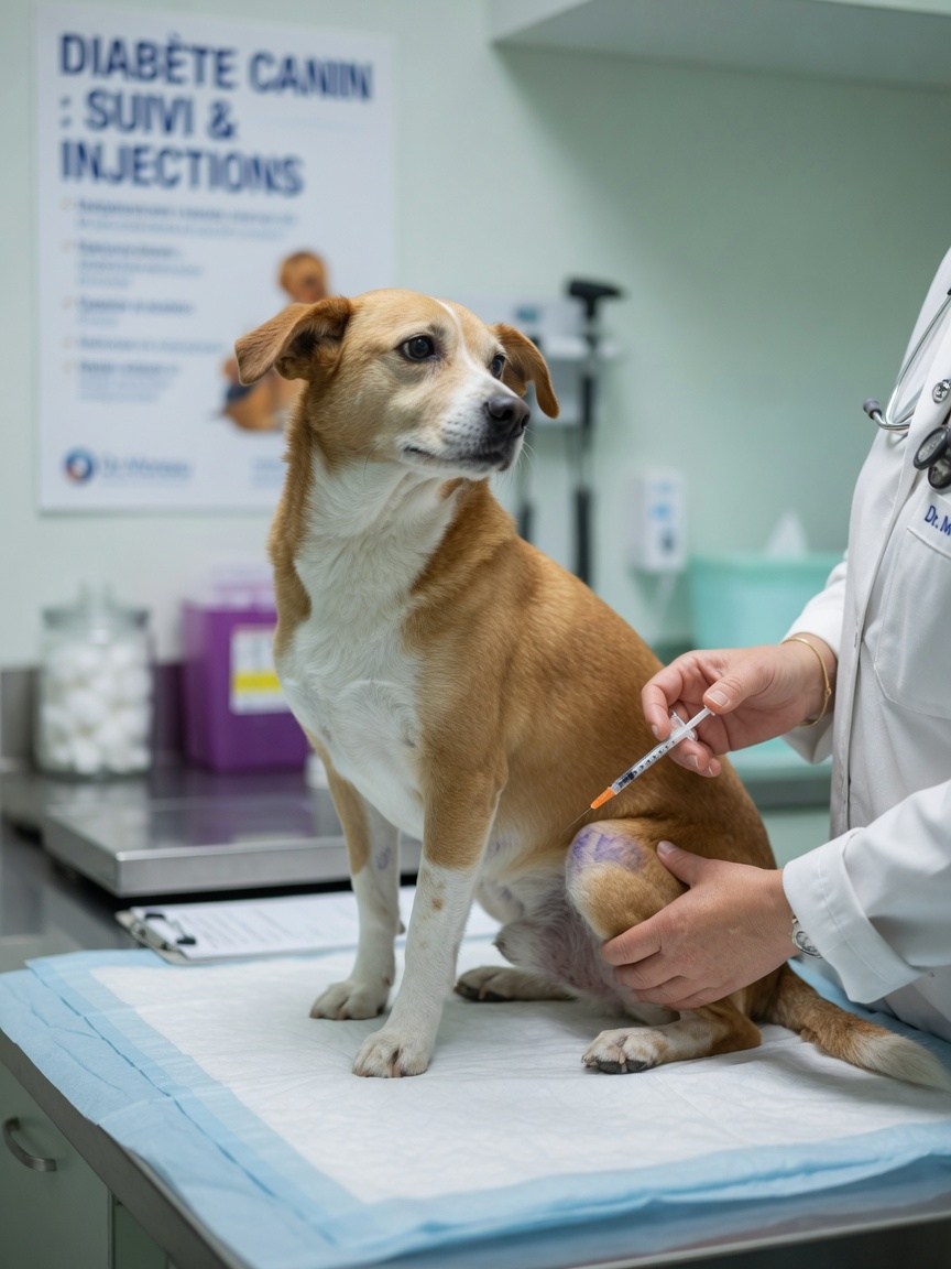 Vétérinaire administrant une injection d'insuline à un chien sur une table d'examen