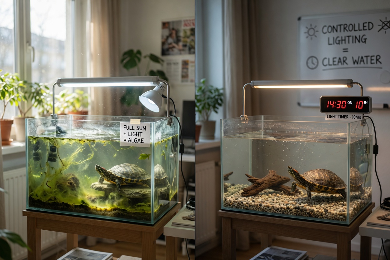 Nebeneinander Vergleich eines hell beleuchteten Schildkrötenbeckens mit grünem algenhaltigem Wasser versus eines richtig beleuchteten Beckens mit klarem Wasser und einem Timer, der den Leuchtplan kontrolliert.