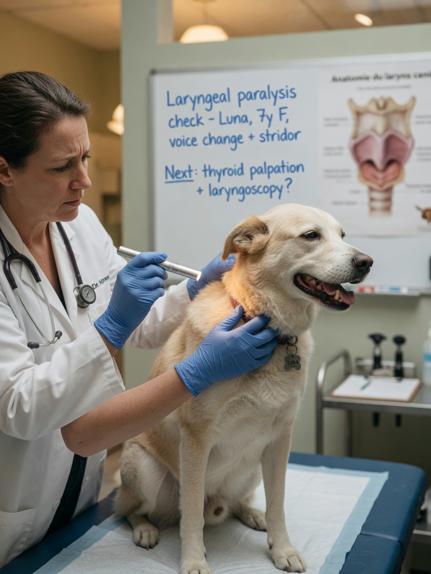 Veterinarian examining a dog's throat and laryngeal area with a penlight during a physical exam