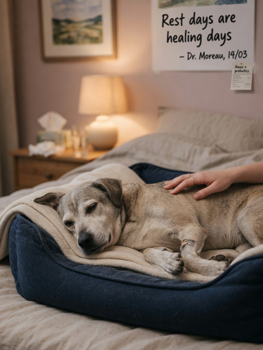 An unwell dog resting on a bed, appearing fatigued with the owner's hand gently providing comfort