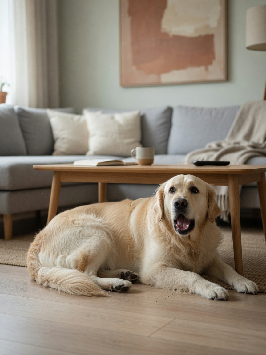 Anxious dog with tucked tail and flattened ears barking from beneath furniture
