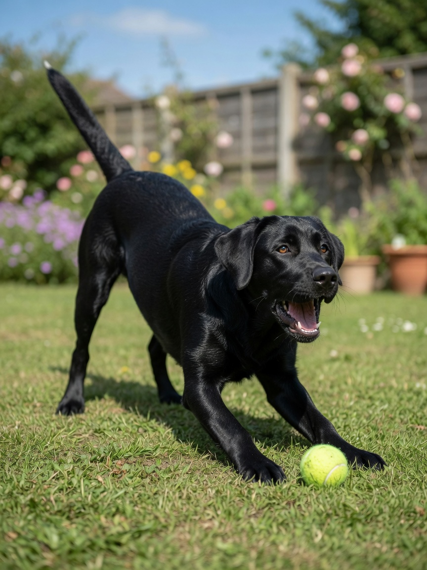 Joyful dog in play bow position with open mouth bark and tennis ball nearby