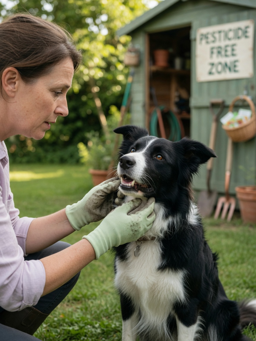 Owner examining dog's mouth after grass eating episode