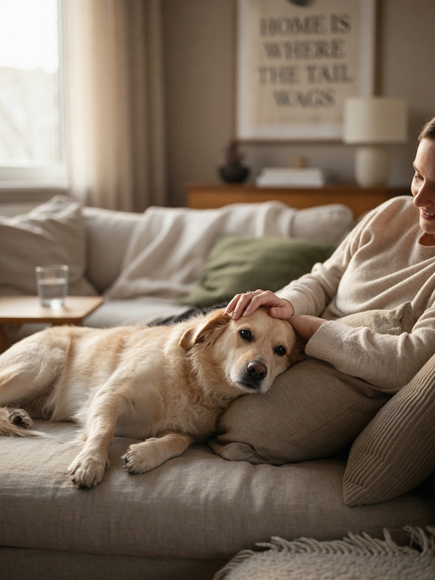 Cane e proprietario che si legano sul divano, mostrando fiducia e affetto con contatto delicato della mano
