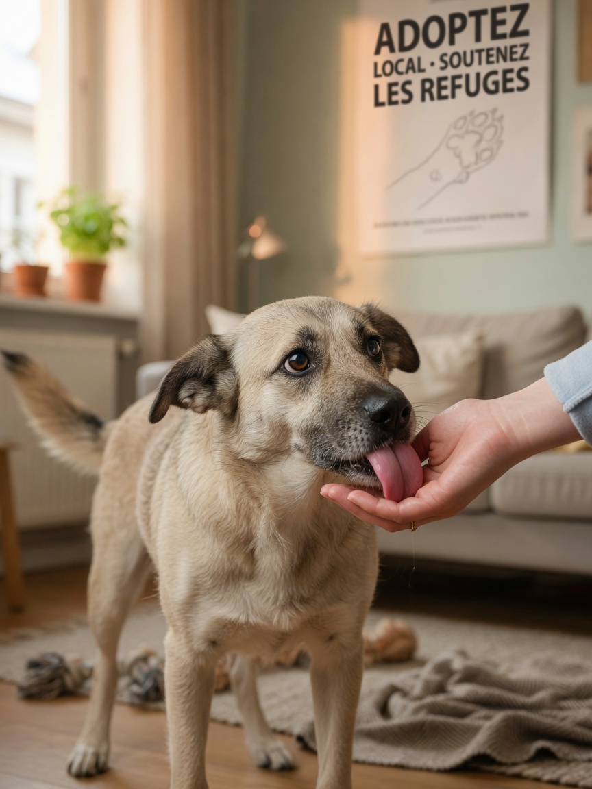 Cane sottomesso con orecchie indietro e postura corporea abbassata che lecca la mano della persona in gesto di appeasement