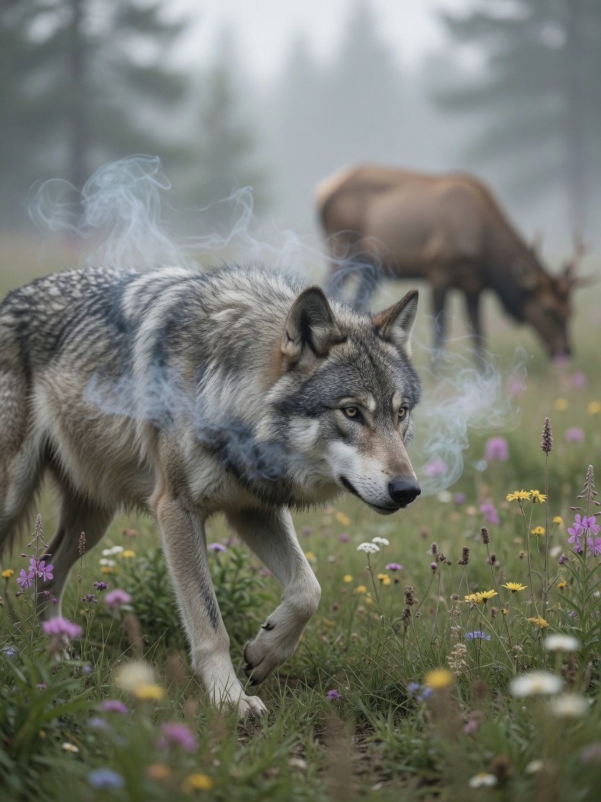 Wolf stalking prey through grass with scent camouflage masking its predator odour