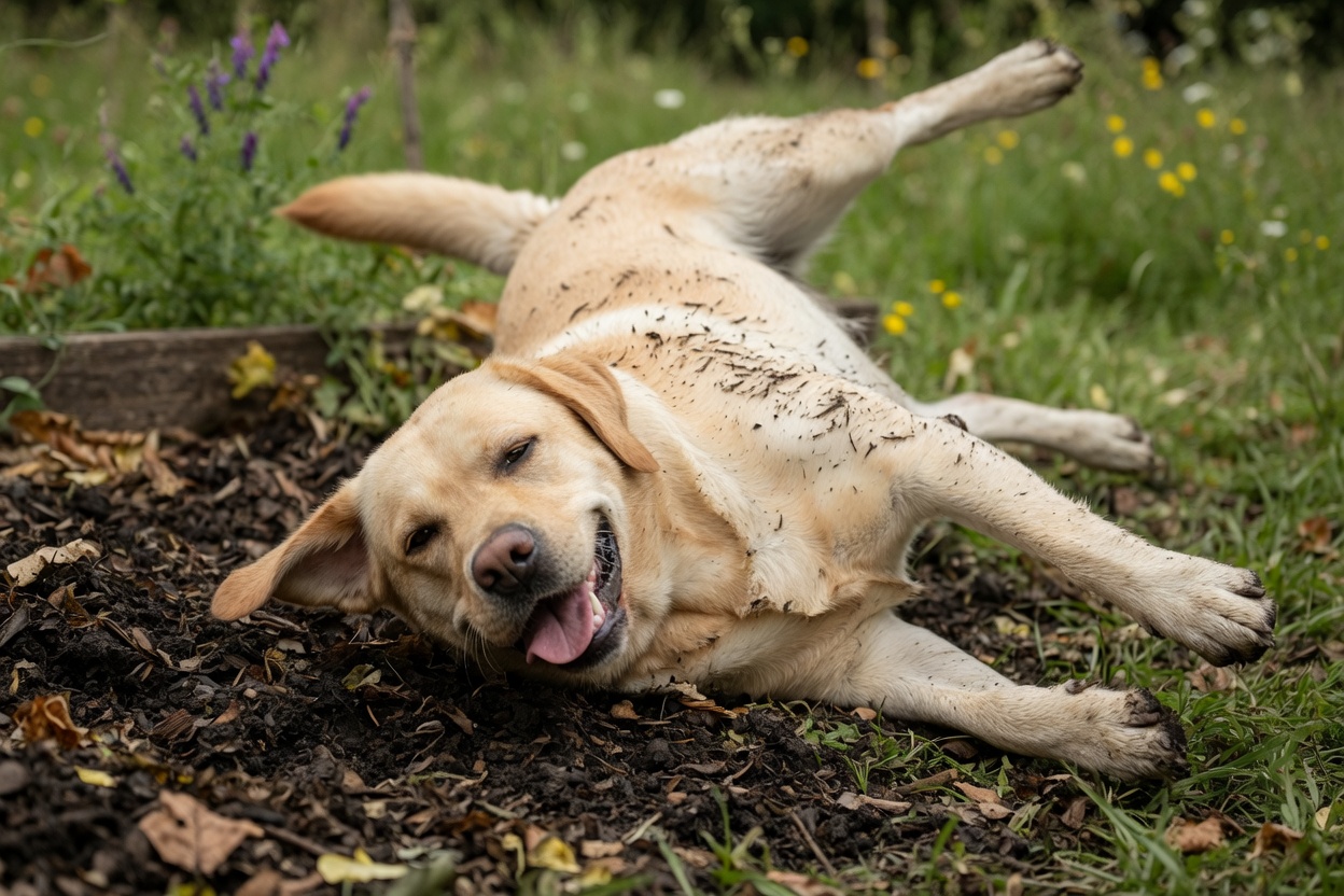 Dog experiencing obvious pleasure and contentment while rolling in decomposing matter