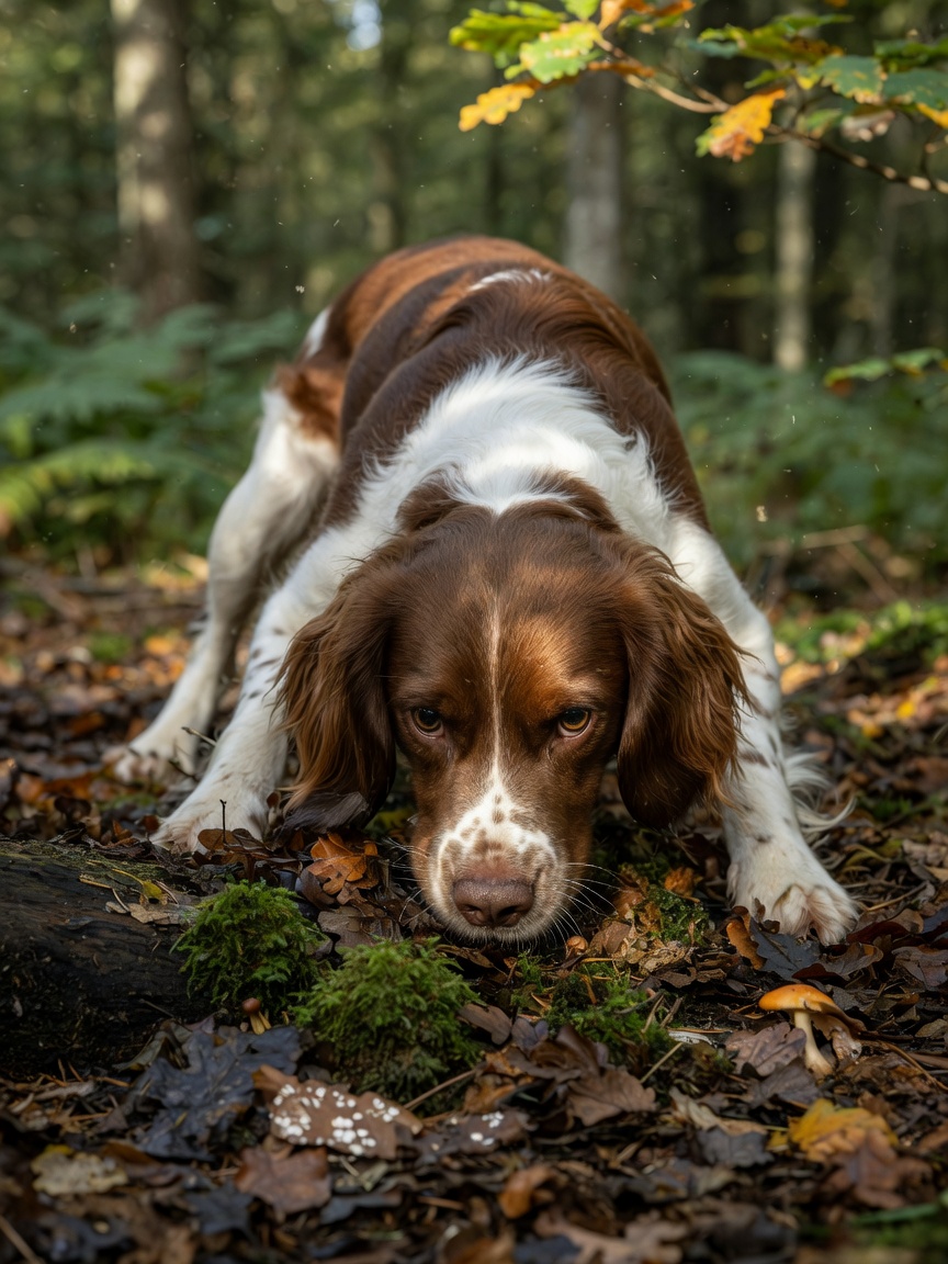 Spaniel sniffing decomposing matter on woodland floor