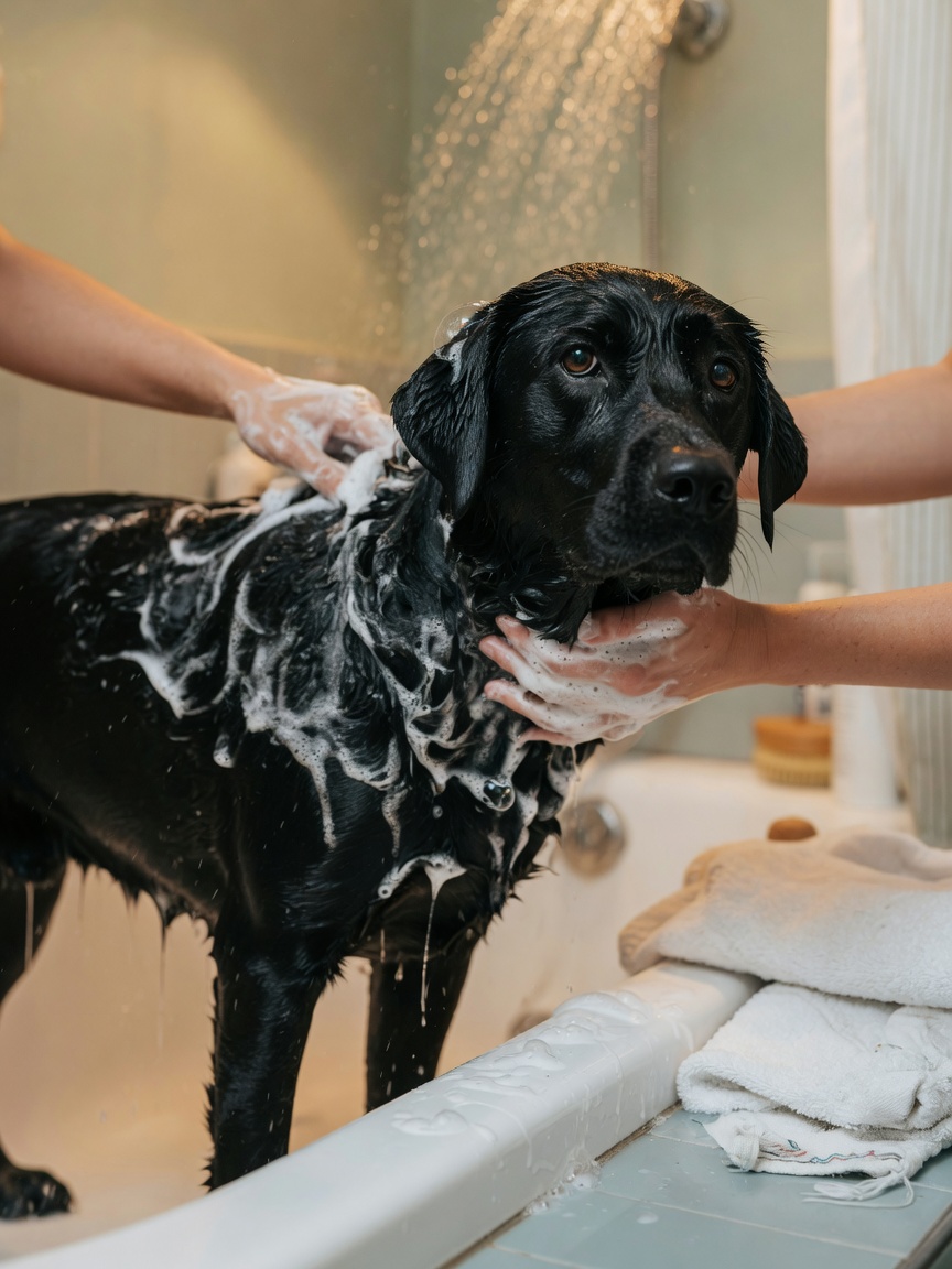 Black Labrador being bathed with shampoo in a tub