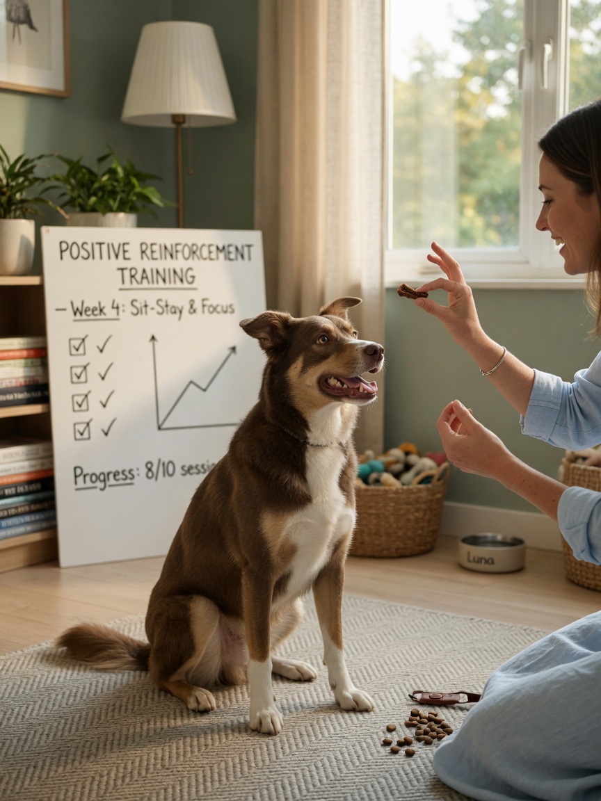 Um cão feliz recebendo uma recompensa e elogios de um treinador durante treino com reforço positivo