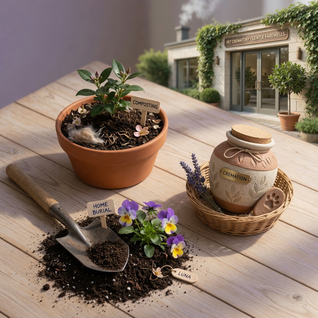 Visual representation of four responsible fish disposal methods: composting, cremation, home burial, and professional services arranged on a wooden surface