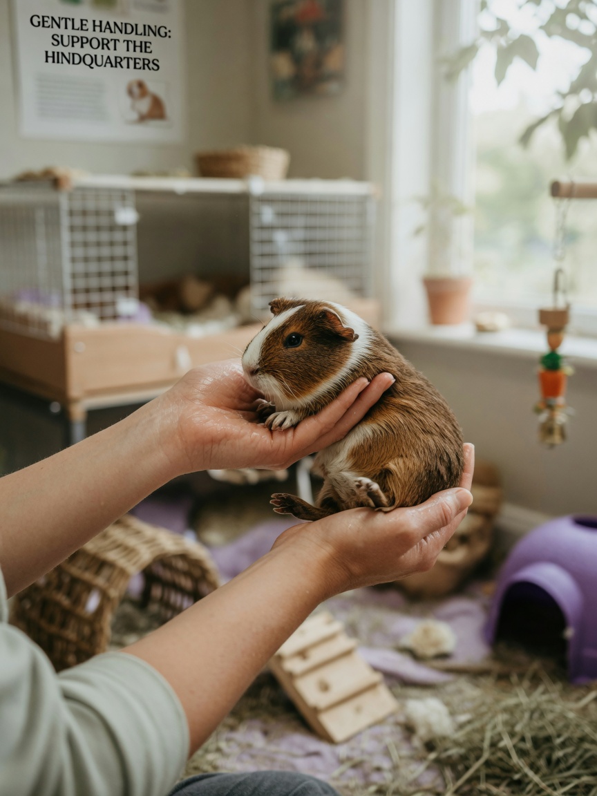 Person, die ein Meerschweinchen korrekt von unten mit beiden Händen hochhebt, wobei die Hinterläufe richtig gestützt werden, um Vertrauen aufzubauen
