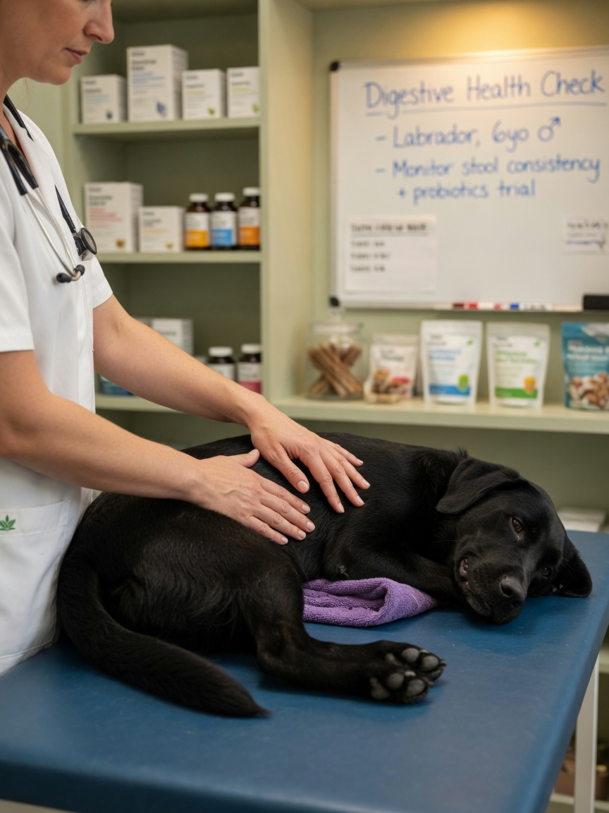 Dierenarts onderzoekt buik van zwarte Labrador op onderzoekstafel voor beoordeling spijsverteringsgezondheid.