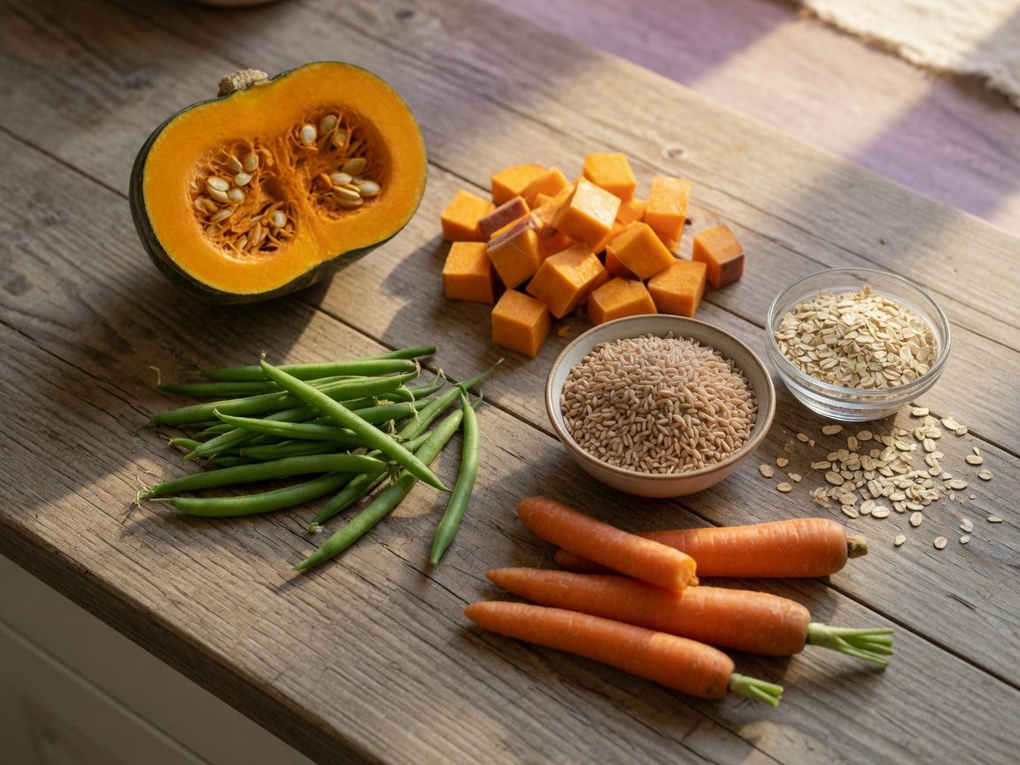 Bovenaanzicht van vezelrijke ingrediënten voor honden inclusief pompoen, zoete aardappel, groene bonen, wortels, bruine rijst en haver op houten aanrecht.