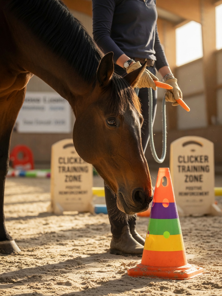 Caballo bayo olfateando tranquilamente un cono de plástico colorido durante el entrenamiento de desensibilización, cuidador ofreciendo recompensa