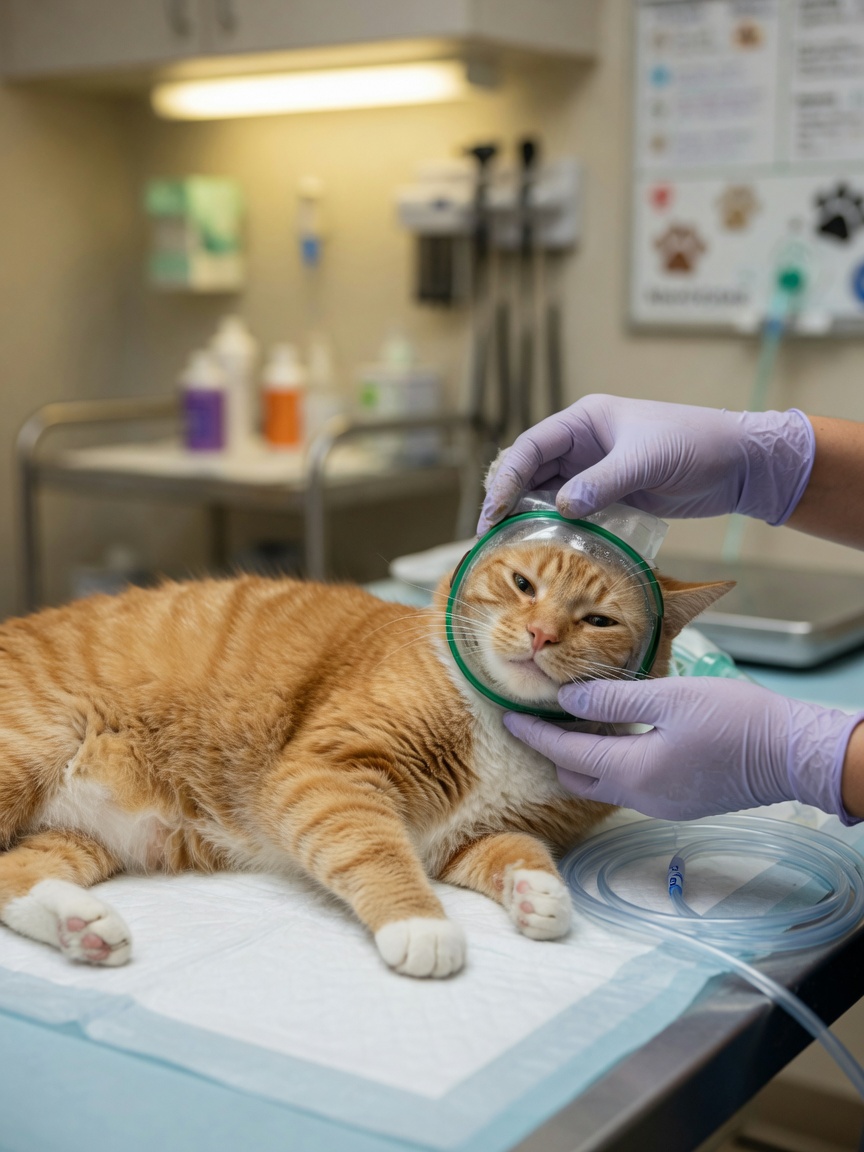 A ginger cat receiving oxygen therapy through a mask at a veterinary clinic during congestive heart failure treatment