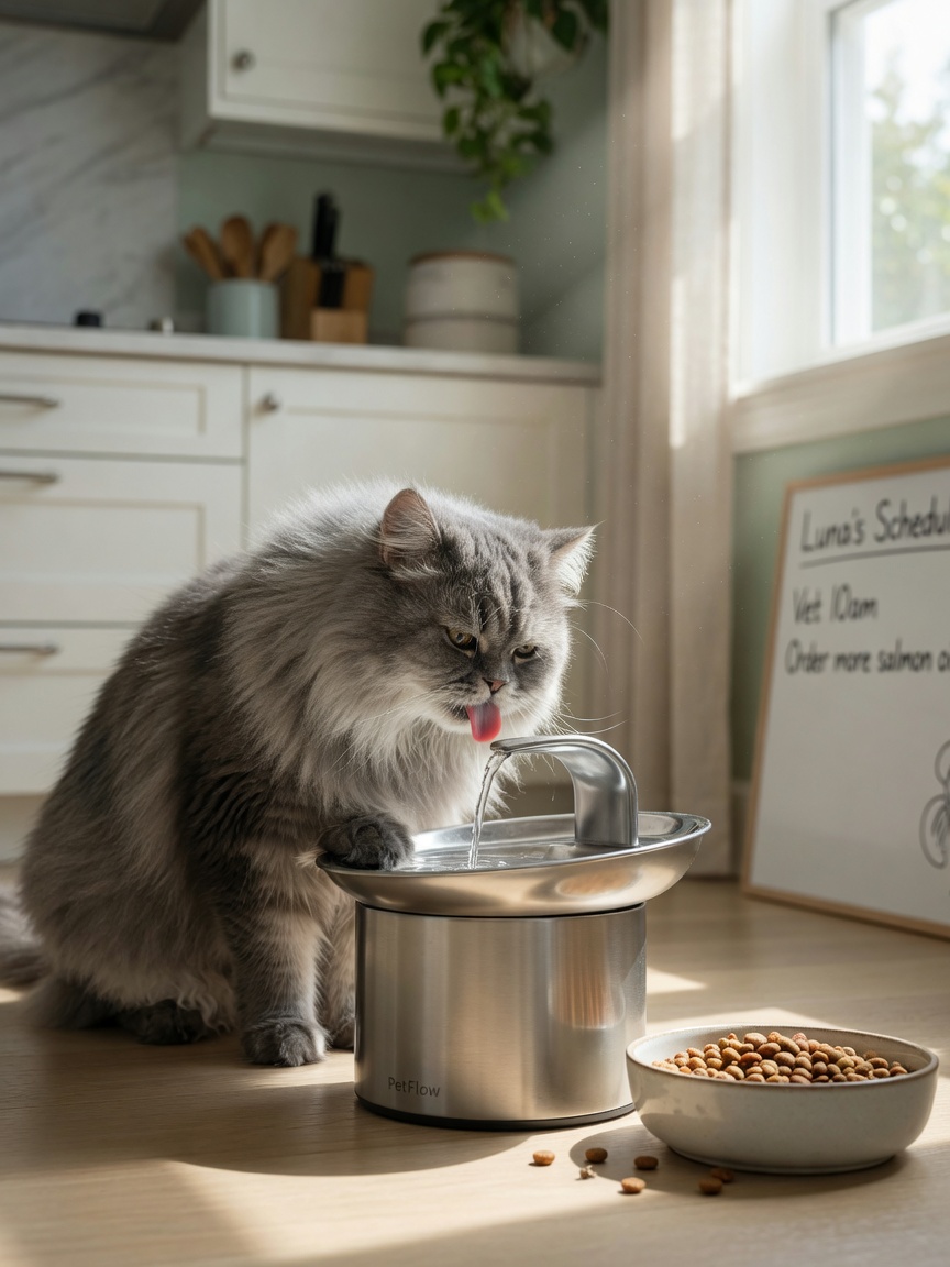 A dehydrated long-haired cat drinking from a water fountain to increase fluid intake and prevent constipation